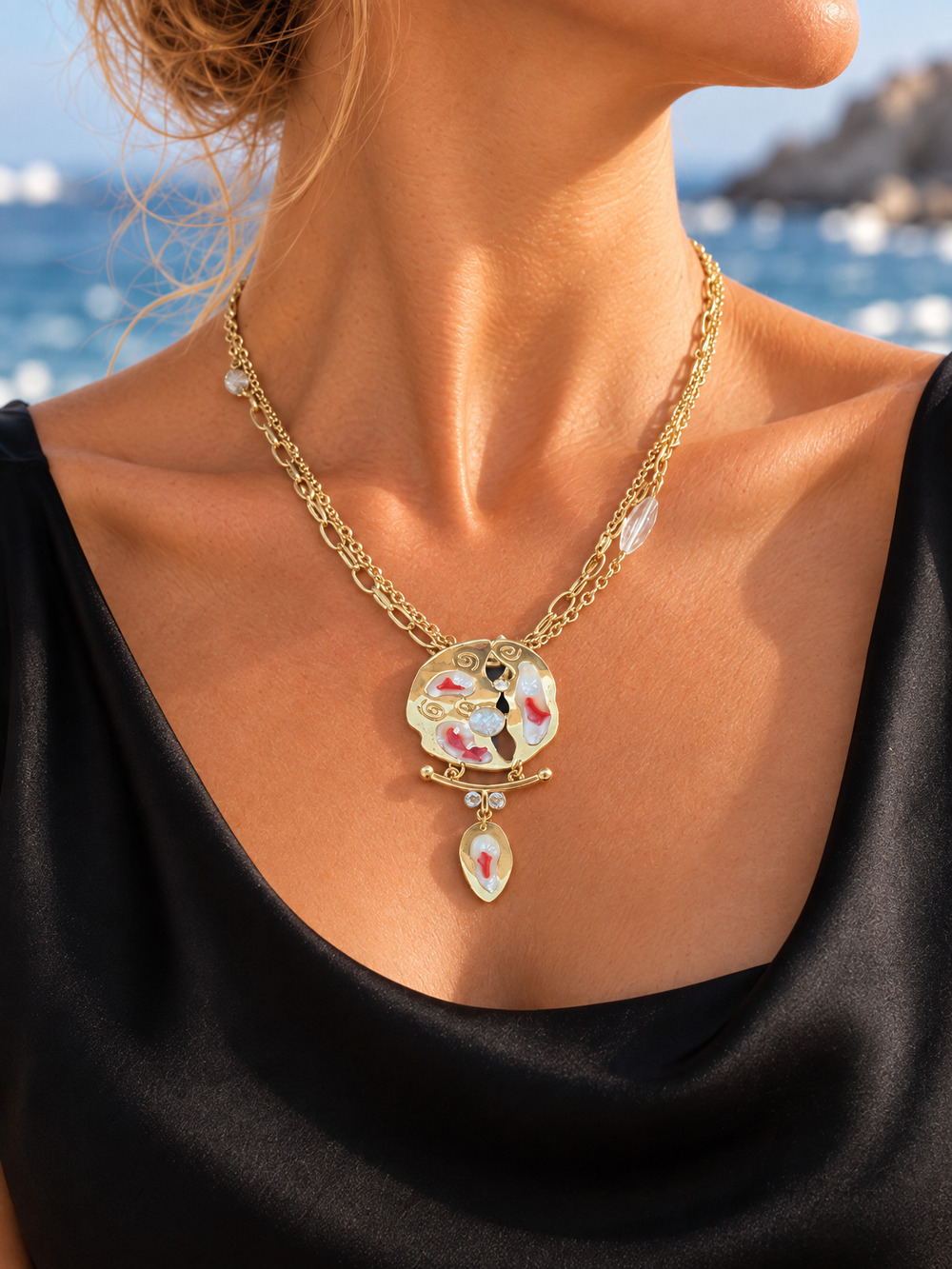 ⚜️ Gold-Tone Enamel Necklace Set | Multicolor Elegance 💗